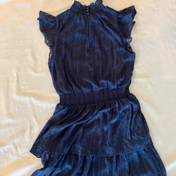 Dark blue, high neck, tier dress by Fortune and Ivy size MP w/ flutter sleeves - Picture 3 of 13